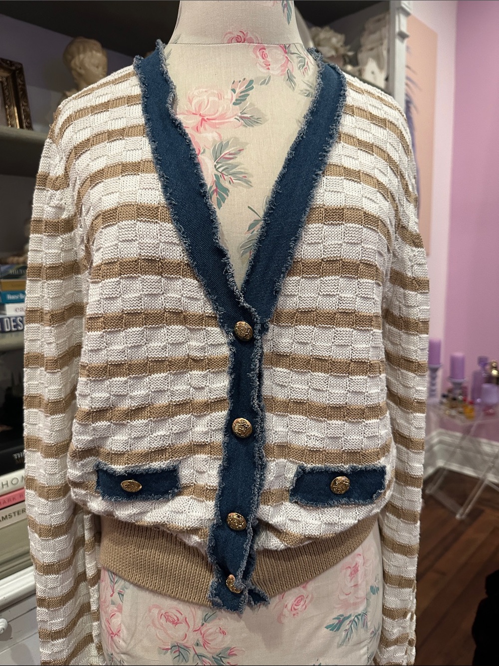 Laundry By Shelli Segal Cream & Tan Striped Cardigan with Blue Trim